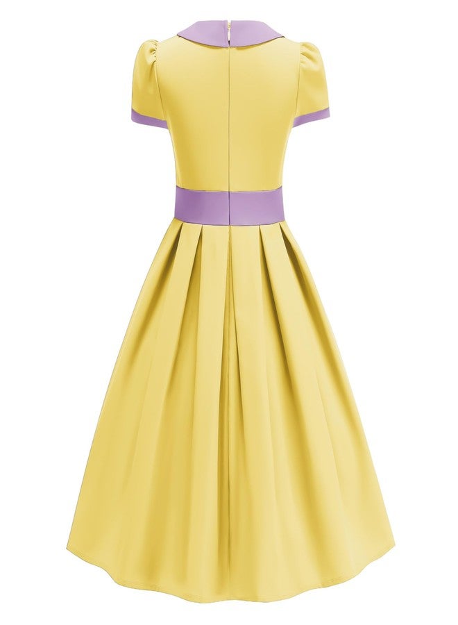 IWEMEK Kids 1950s Vintage Dresses for Girls 50s Outfits Doll Collar Bowknot Audrey Hepburn Rockabilly Cocktail Swing Dress Short Sleeve Pleated Retro 50s Style Tea Party Prom Church Clothes Yellow 9-10 Years - Image 3